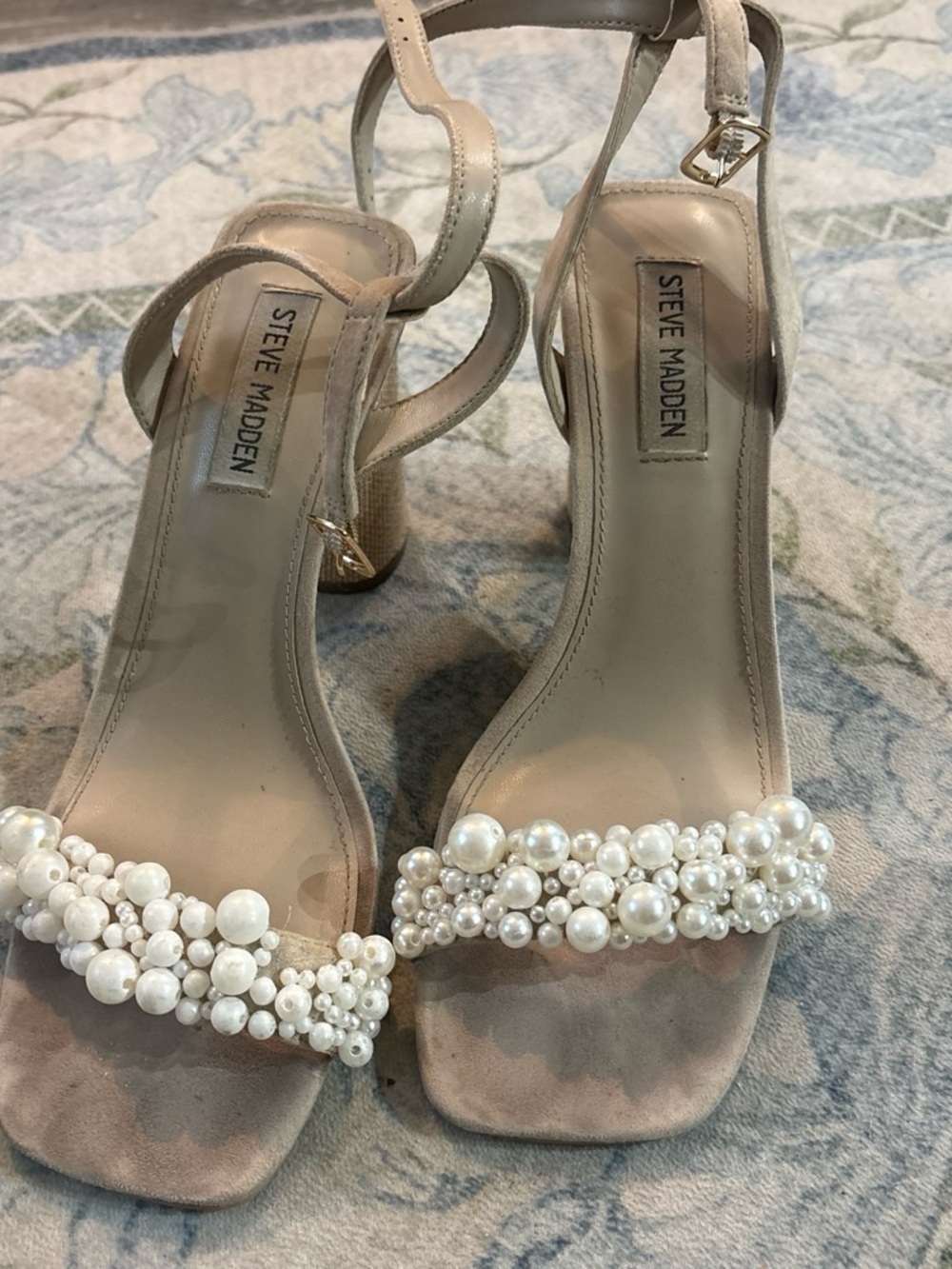 Steve Madden Nude Pearl-Embellished Strappy Heels